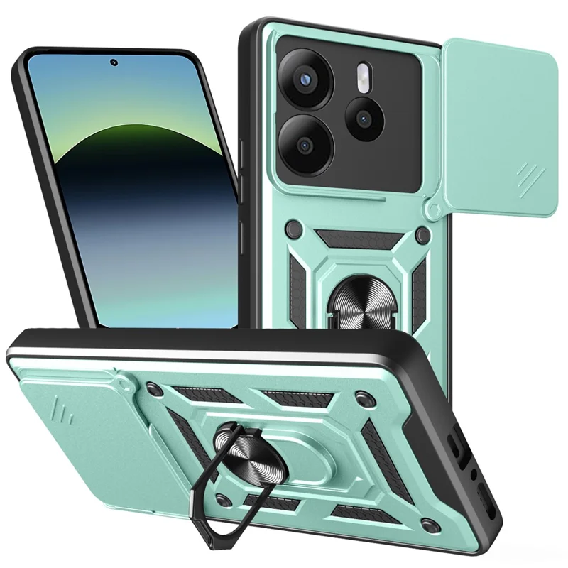 For Xiaomi Redmi Note 14 4G (164.84mm) Case with Slide Camera Lid PC + TPU Kickstand Phone Cover - Black-Cellmalls