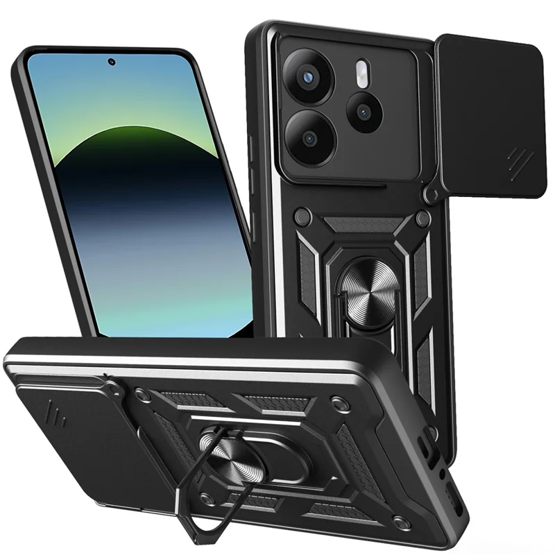 For Xiaomi Redmi Note 14 4G (164.84mm) Case with Slide Camera Lid PC + TPU Kickstand Phone Cover - Black-Cellmalls