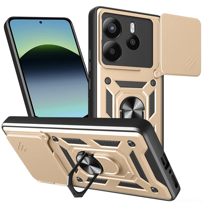 For Xiaomi Redmi Note 14 4G (164.84mm) Case with Slide Camera Lid PC + TPU Kickstand Phone Cover - Black-Cellmalls