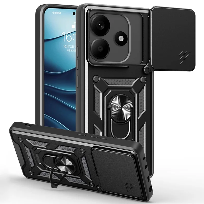 For Xiaomi Redmi Note 14 5G Case with Slide Camera Lid PC+TPU Kickstand Phone Cover - Black-Cellmalls
