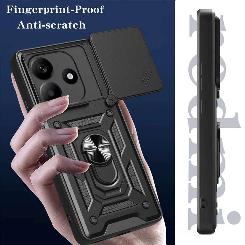For Xiaomi Redmi Note 14 5G Case with Slide Camera Lid PC+TPU Kickstand Phone Cover - Black-Cellmalls