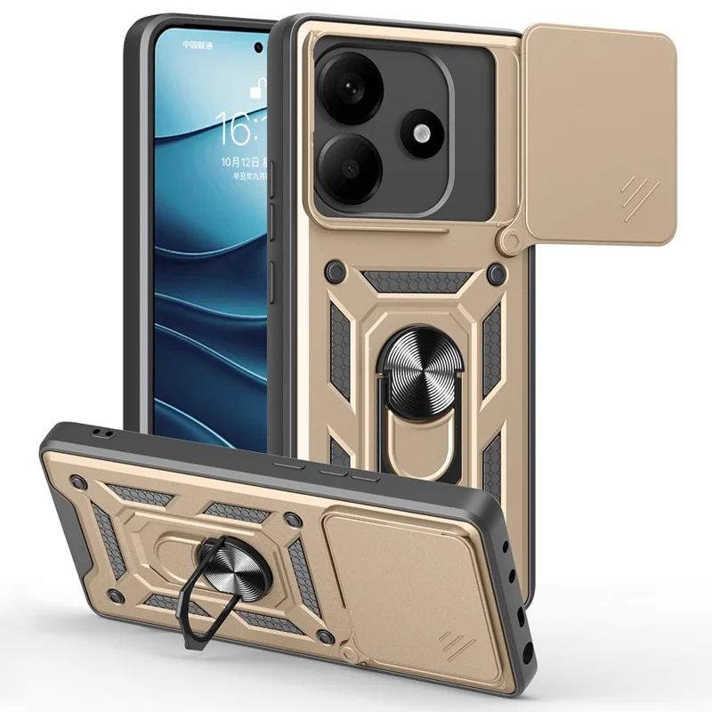 For Xiaomi Redmi Note 14 5G Case with Slide Camera Lid PC+TPU Kickstand Phone Cover - Black-Cellmalls