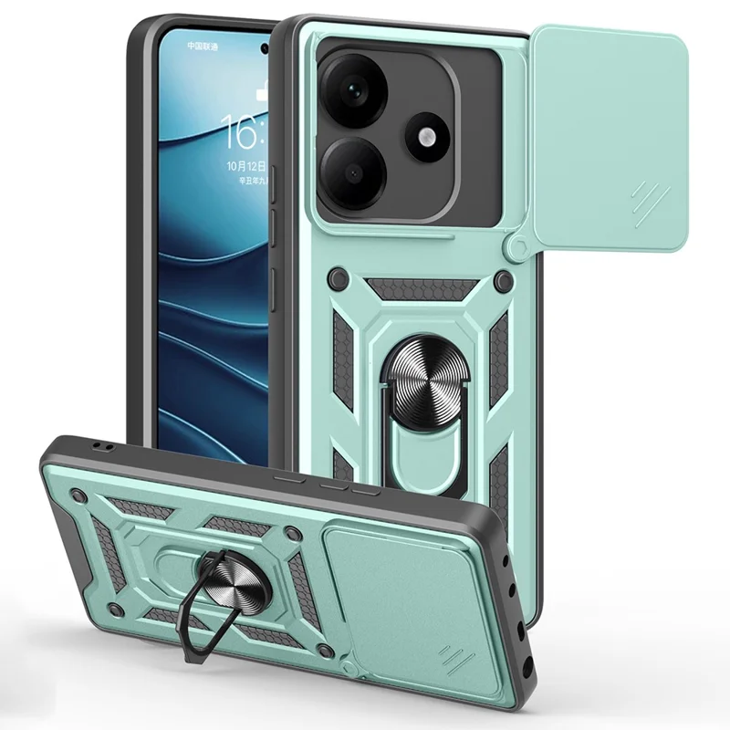 For Xiaomi Redmi Note 14 5G Case with Slide Camera Lid PC+TPU Kickstand Phone Cover - Black-Cellmalls