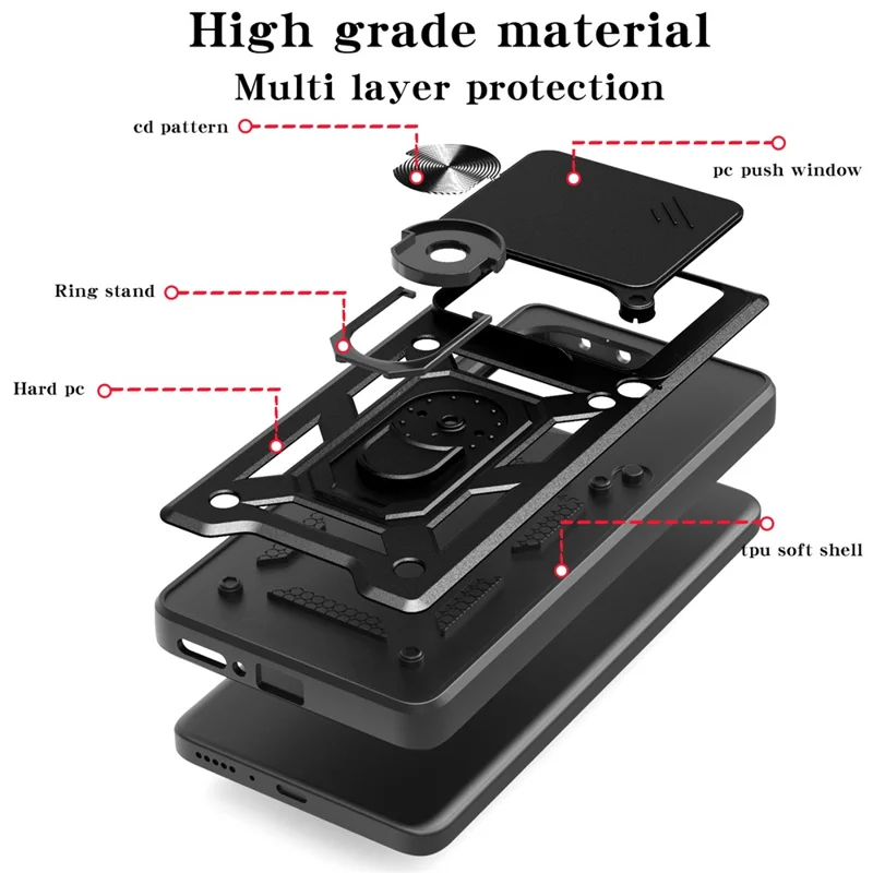 For Xiaomi Redmi Note 14 5G Case with Slide Camera Lid PC+TPU Kickstand Phone Cover - Black-Cellmalls