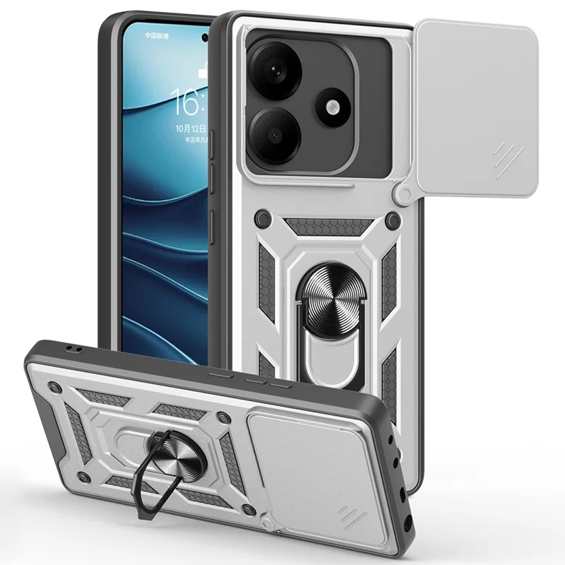 For Xiaomi Redmi Note 14 5G Case with Slide Camera Lid PC+TPU Kickstand Phone Cover - Black-Cellmalls