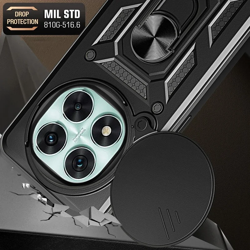 For Xiaomi Redmi Note 14 Pro 5G / Poco X7 5G Case with Slide Camera Lid PC+TPU Kickstand Phone Cover - Black-Cellmalls