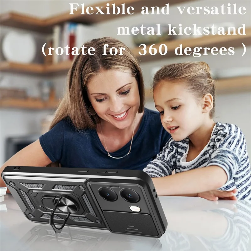 Phone Case for Xiaomi Redmi Turbo 4 5G / Poco X7 Pro 5G PC + TPU Kickstand Cover with Slide Camera Lid - Black-Cellmalls