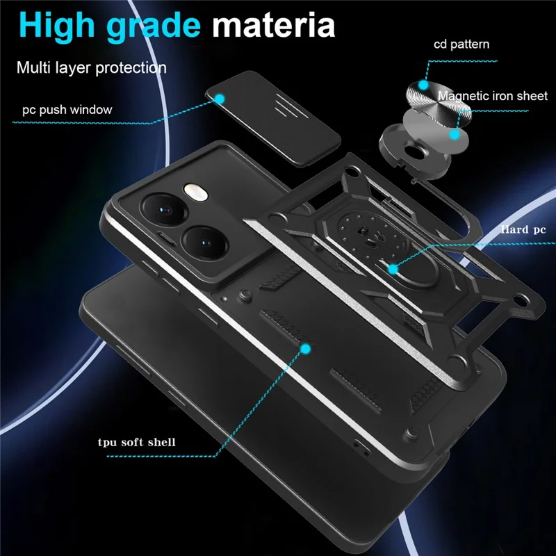 Phone Case for Xiaomi Redmi Turbo 4 5G / Poco X7 Pro 5G PC + TPU Kickstand Cover with Slide Camera Lid - Black-Cellmalls
