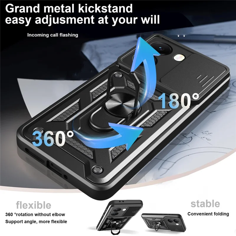 Phone Case for Xiaomi Redmi Turbo 4 5G / Poco X7 Pro 5G PC + TPU Kickstand Cover with Slide Camera Lid - Black-Cellmalls