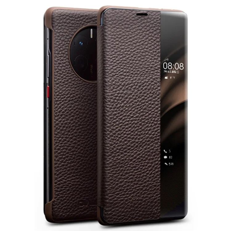 QIALINO For Huawei Mate 50 4G / Mate 50E 4G View Window Genuine Leather Touch Slide Button Phone Case with Auto Wake / Sleep - Dark Brown-Cellmalls