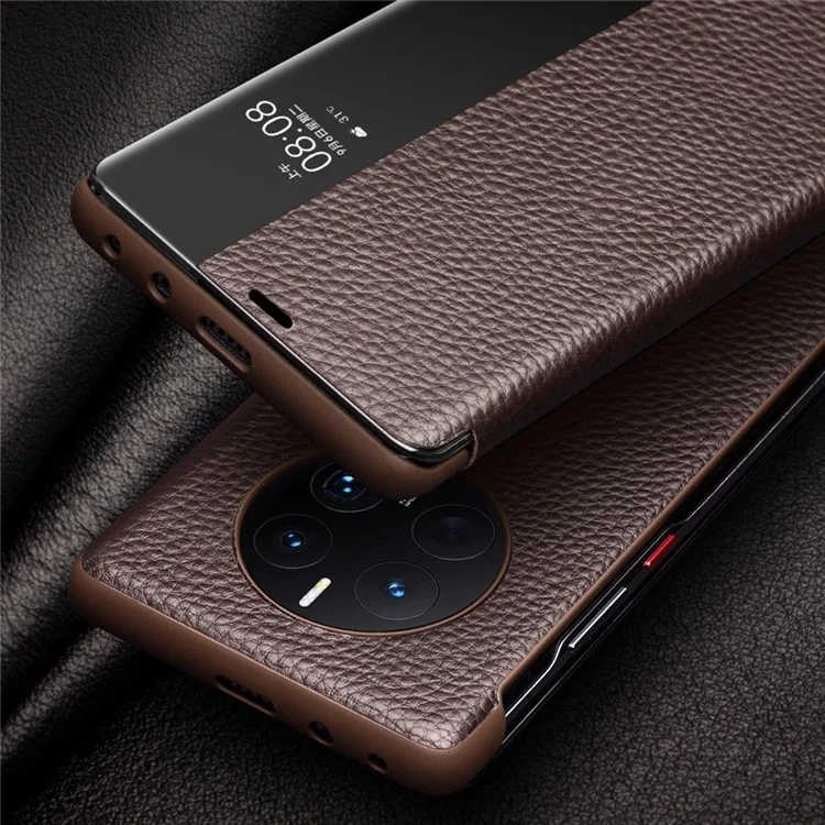 QIALINO For Huawei Mate 50 4G / Mate 50E 4G View Window Genuine Leather Touch Slide Button Phone Case with Auto Wake / Sleep - Dark Brown-Cellmalls