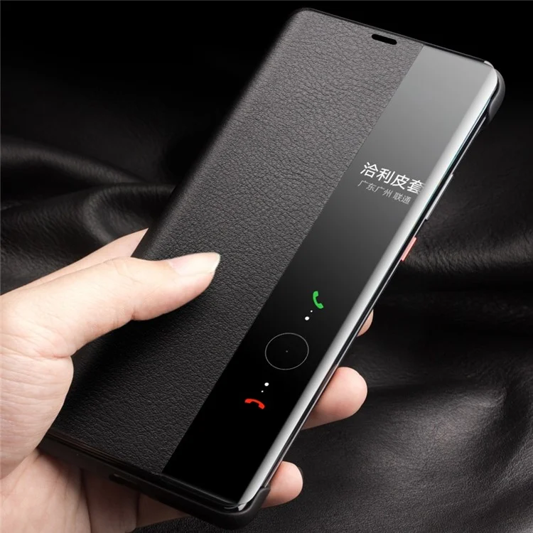 QIALINO For Huawei Mate 50 4G / Mate 50E 4G View Window Genuine Leather Touch Slide Button Phone Case with Auto Wake / Sleep - Dark Brown-Cellmalls