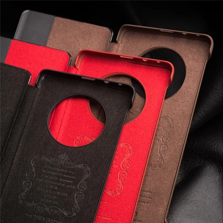 QIALINO For Huawei Mate 50 Pro 4G View Window Genuine Leather Folio Flip Phone Case Touch Slide Button Auto Wake / Sleep Cover - Dark Brown-Cellmalls