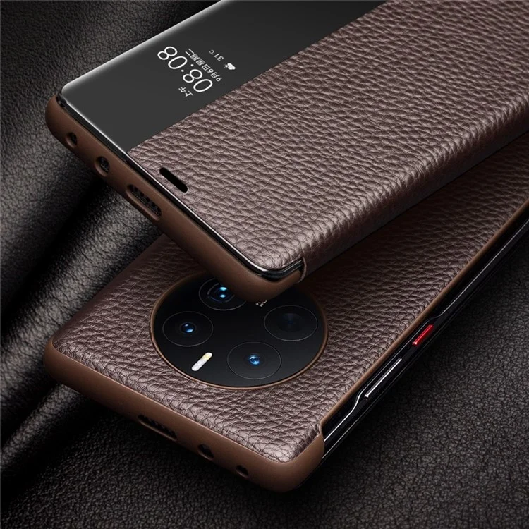 QIALINO For Huawei Mate 50 Pro 4G View Window Genuine Leather Folio Flip Phone Case Touch Slide Button Auto Wake / Sleep Cover - Dark Brown-Cellmalls