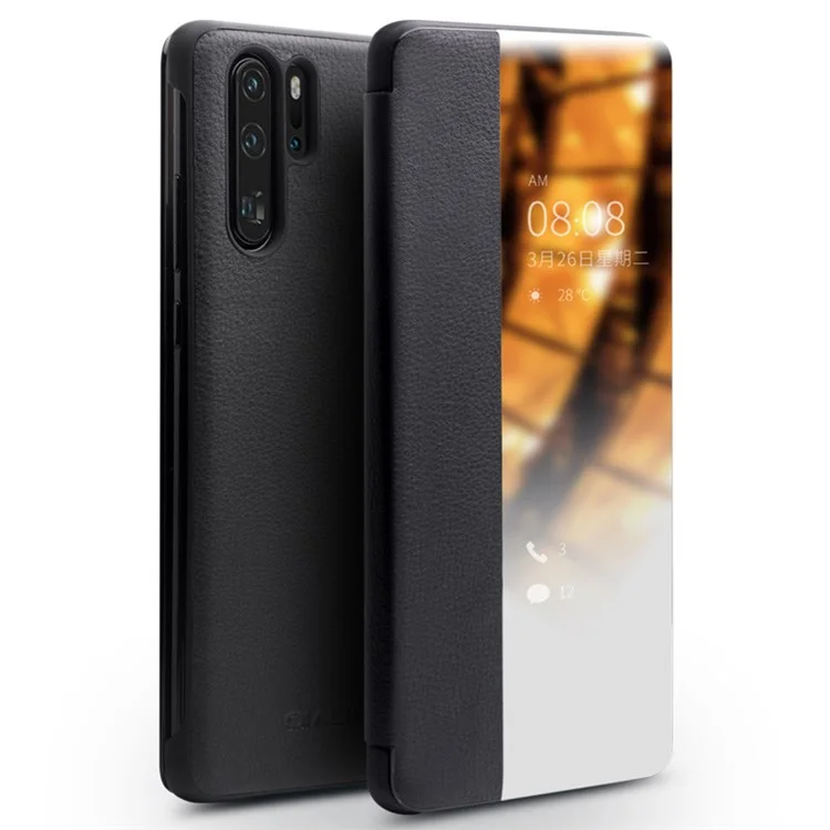 QIALINO for Huawei P30 Pro View Window Full Protection Cowhide Leather Smart Phone Case Cover - Black-Cellmalls