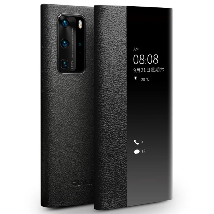 QIALINO Auto Wake / Sleep Function Genuine Leather Ultra-Thin Phone Case Cover with View Window for Huawei P40 - Black-Cellmalls