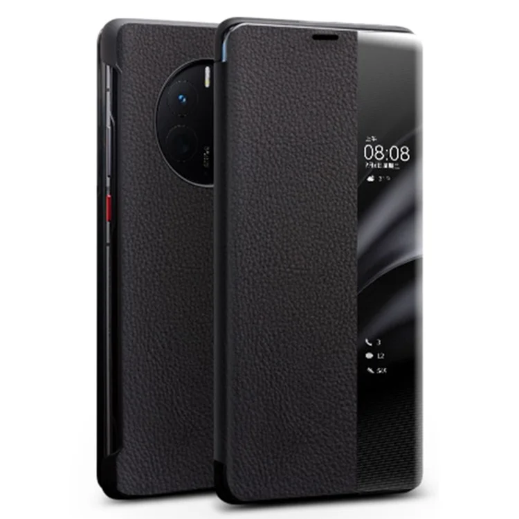 QIALINO For Huawei Mate 50 4G / Mate 50E 4G View Window Genuine Leather Touch Slide Button Phone Case with Auto Wake / Sleep - Dark Brown-Cellmalls