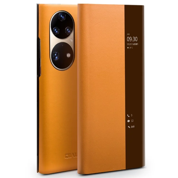 QIALINO View Window Design Ultra-Thin Top Layer Genuine Cowhide Leather Case Protective Phone Cover for Huawei P50 Pro - Black-Cellmalls