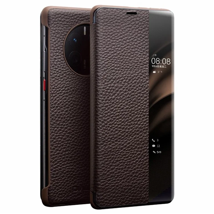QIALINO For Huawei Mate 50 Pro 4G View Window Genuine Leather Folio Flip Phone Case Touch Slide Button Auto Wake / Sleep Cover - Dark Brown-Cellmalls