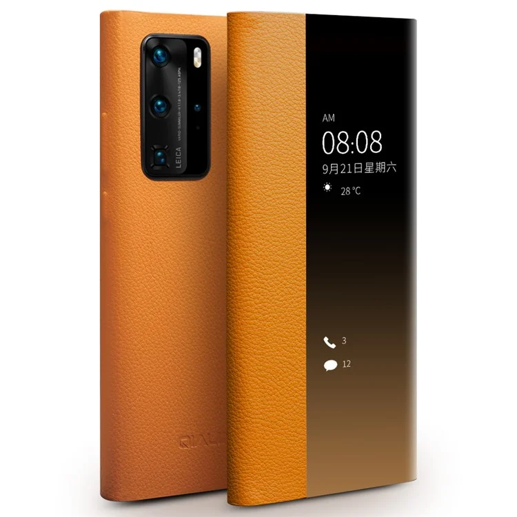 QIALINO Auto Wake / Sleep Function Genuine Leather Ultra-Thin Phone Case Cover with View Window for Huawei P40 - Black-Cellmalls