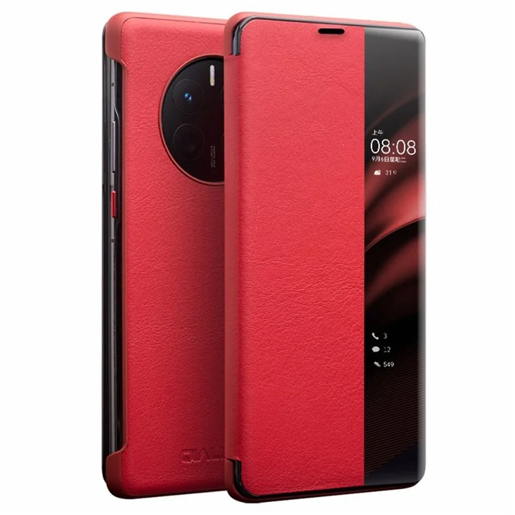 QIALINO For Huawei Mate 50 Pro 4G View Window Genuine Leather Folio Flip Phone Case Touch Slide Button Auto Wake / Sleep Cover - Dark Brown-Cellmalls