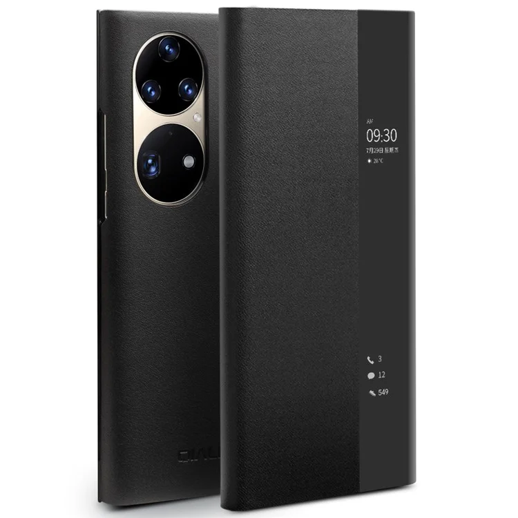 QIALINO View Window Design Ultra-Thin Top Layer Genuine Cowhide Leather Case Protective Phone Cover for Huawei P50 Pro - Black-Cellmalls