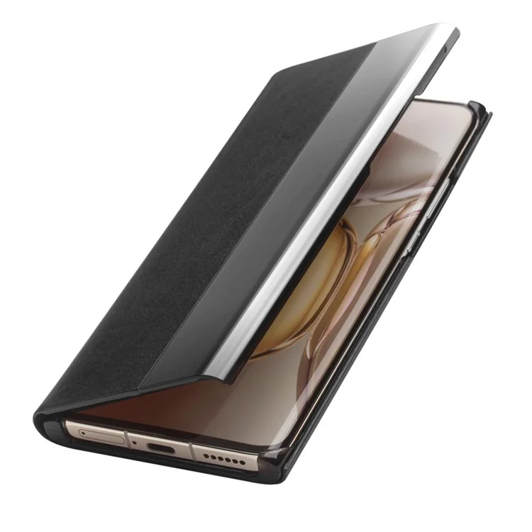 QIALINO View Window Design Ultra-Thin Top Layer Genuine Cowhide Leather Case Protective Phone Cover for Huawei P50 Pro - Black-Cellmalls