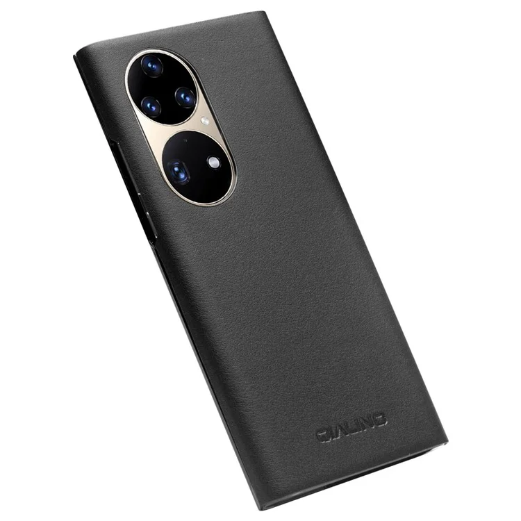 QIALINO View Window Design Ultra-Thin Top Layer Genuine Cowhide Leather Case Protective Phone Cover for Huawei P50 Pro - Black-Cellmalls