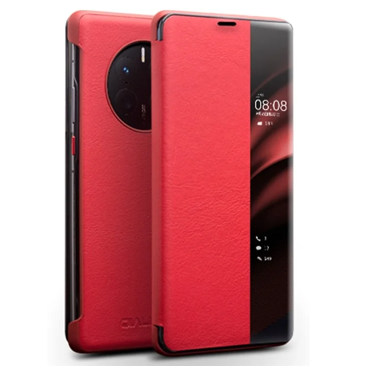 QIALINO For Huawei Mate 50 4G / Mate 50E 4G View Window Genuine Leather Touch Slide Button Phone Case with Auto Wake / Sleep - Dark Brown-Cellmalls