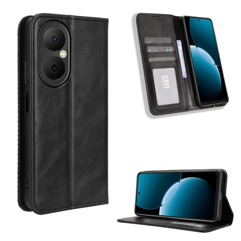 For Huawei Enjoy 80 Leather Case Wallet Stand Retro Texture Phone Cover - Black-Cellmalls