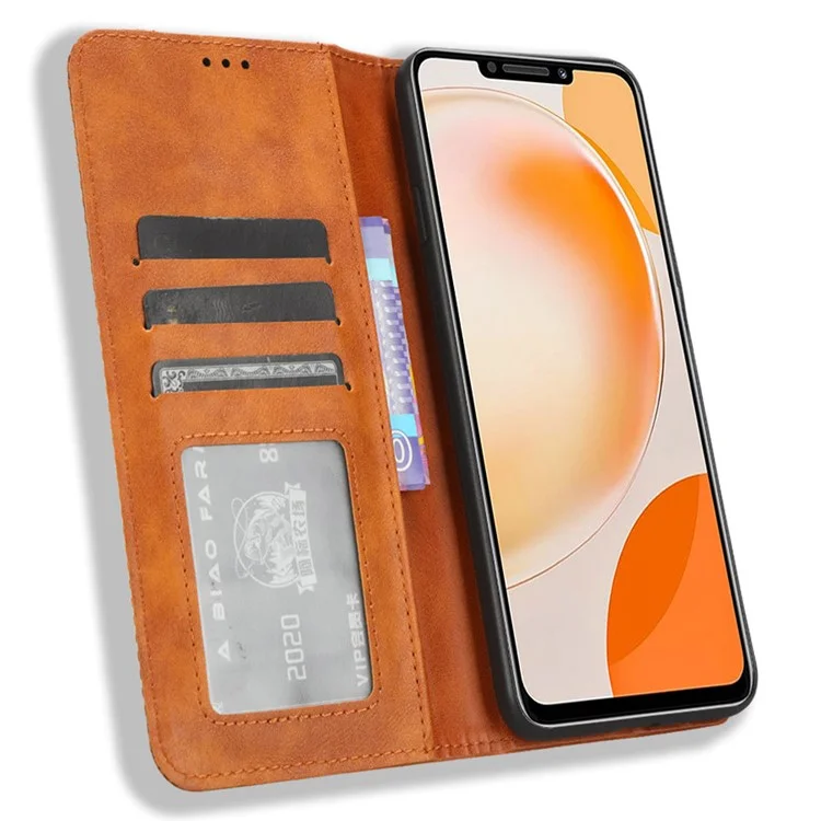 For Huawei nova Y91 4G / Enjoy 60X Dustproof PU Leather Phone Cover Stand Retro Wallet Flip Cell Phone Case - Brown-Cellmalls