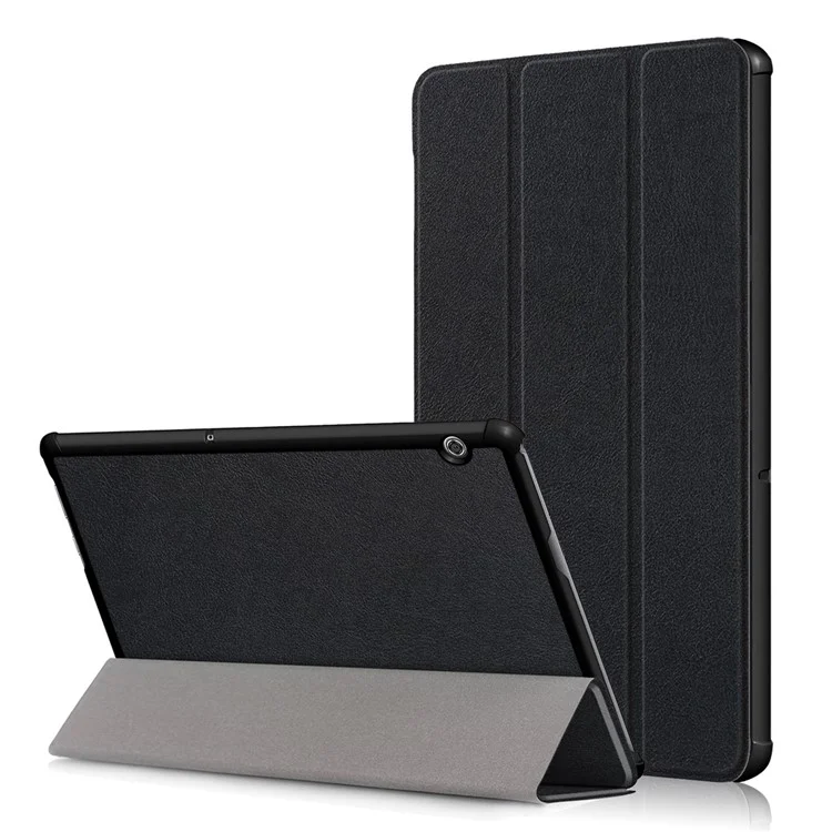 PU Leather Tri-fold Stand Tablet Flip Protective Casing for Huawei Mediapad T5 10 - Black-Cellmalls