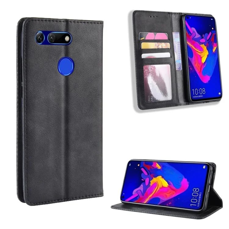 Vintage Style PU Leather Wallet Phone Case for Huawei Honor View 20 / V20 - Black-Cellmalls