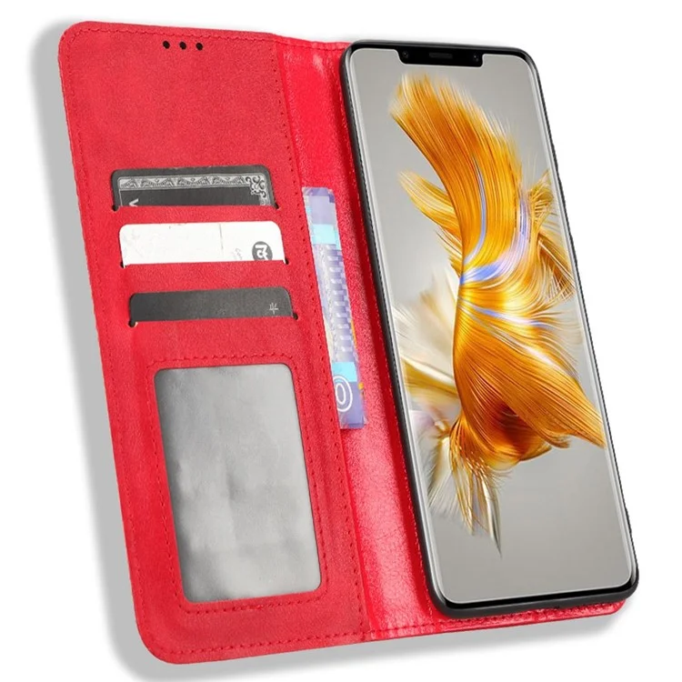 For Huawei Mate 50 Pro 4G Protective Case, Vintage Texture Magnetic Auto-absorbed PU Leather Case Wallet Stand Phone Cover - Red-Cellmalls