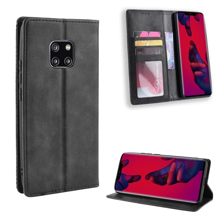 Vintage Style Leather Auto-absorbed Wallet Cover for Huawei Mate 20 Pro - Black-Cellmalls