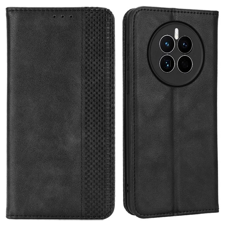 For Huawei Mate 50 4G Vintage Texture Magnetic Auto-absorbed Fully Wrapped PU Leather Case Wallet Stand Phone Cover - Black-Cellmalls