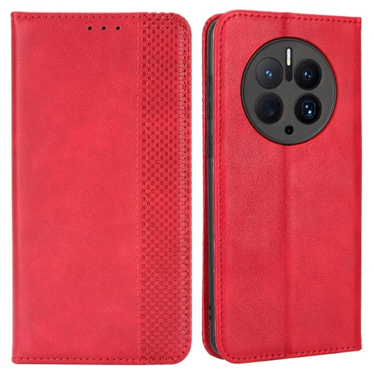 For Huawei Mate 50 Pro 4G Protective Case, Vintage Texture Magnetic Auto-absorbed PU Leather Case Wallet Stand Phone Cover - Red-Cellmalls