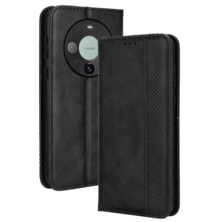 For Huawei Mate 60 Retro PU Leather Case Magnetic Auto-absorbed Wallet Stand Phone Cover - Black-Cellmalls