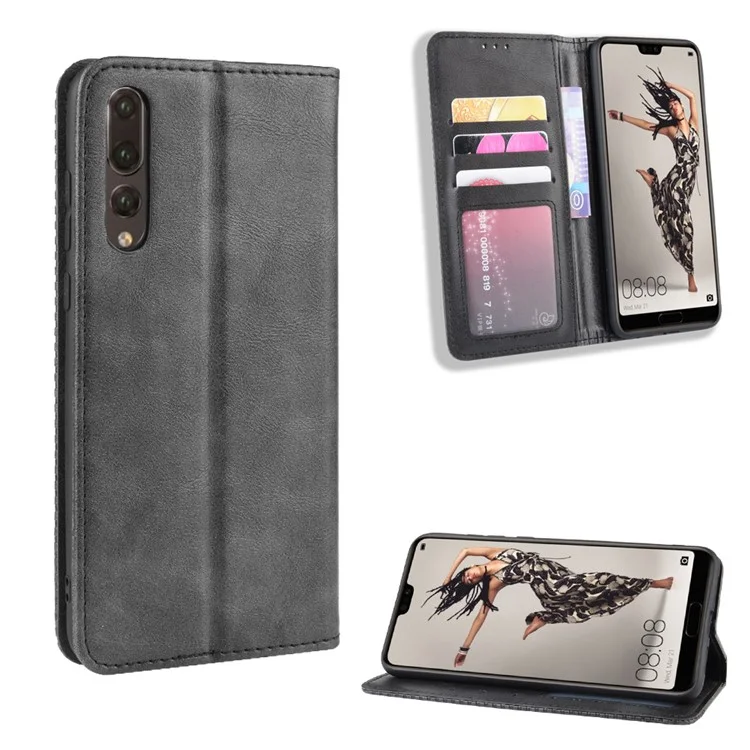 Retro Leather Wallet Phone Shell Casing for Huawei P20 Pro - Black-Cellmalls