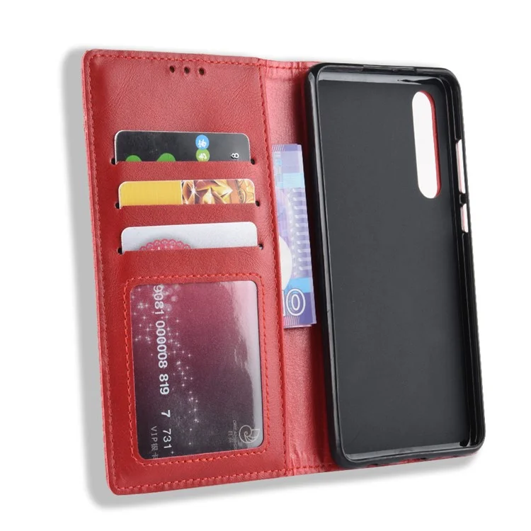 Auto-absorbed Vintage Leather Wallet Mobile Phone Cover for Huawei P30 - Red-Cellmalls