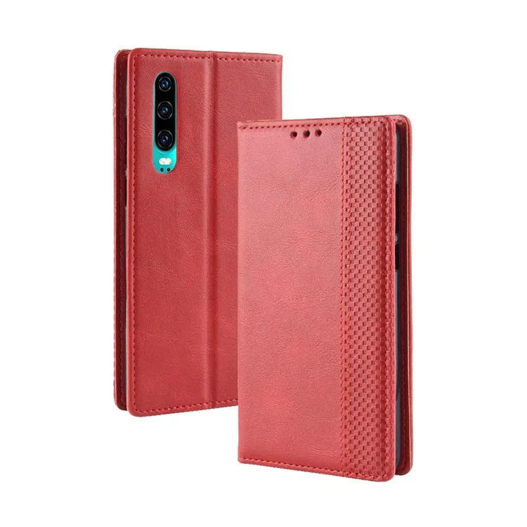 Auto-absorbed Vintage Leather Wallet Mobile Phone Cover for Huawei P30 - Red-Cellmalls