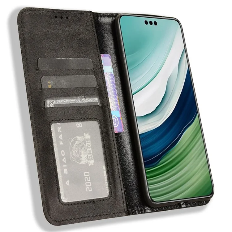 For Huawei Mate 60 Retro PU Leather Case Magnetic Auto-absorbed Wallet Stand Phone Cover - Black-Cellmalls