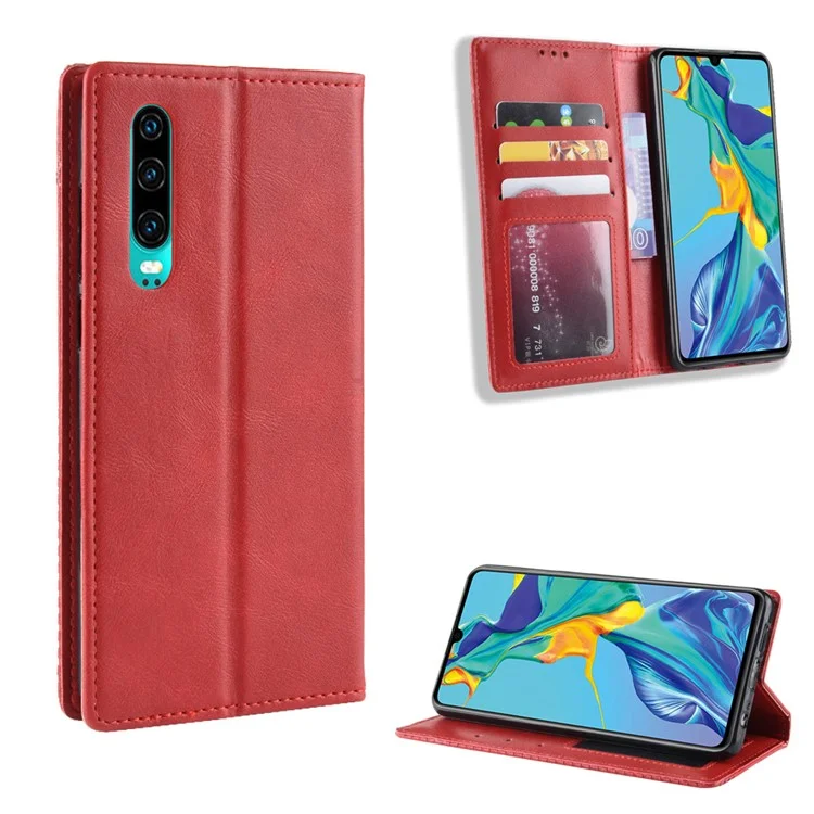 Auto-absorbed Vintage Leather Wallet Mobile Phone Cover for Huawei P30 - Red-Cellmalls