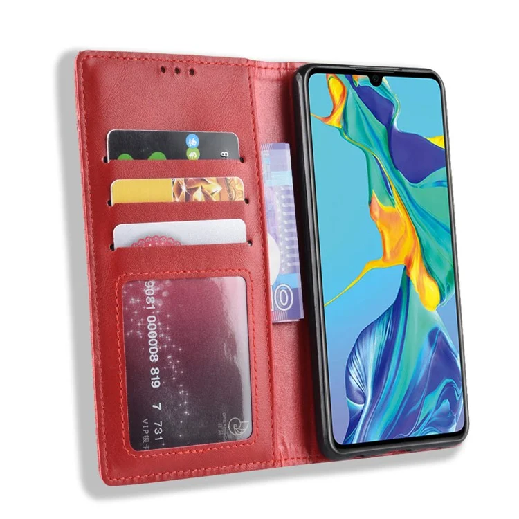 Auto-absorbed Vintage Leather Wallet Mobile Phone Cover for Huawei P30 - Red-Cellmalls