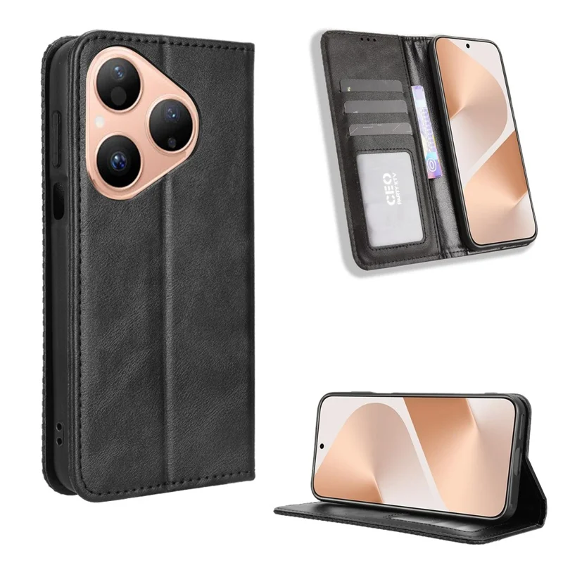For Huawei Pura 80 Leather Case Wallet Stand Retro Texture Phone Cover - Black-Cellmalls