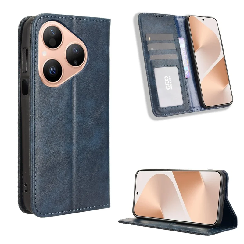 For Huawei Pura 80 Leather Case Wallet Stand Retro Texture Phone Cover - Black-Cellmalls