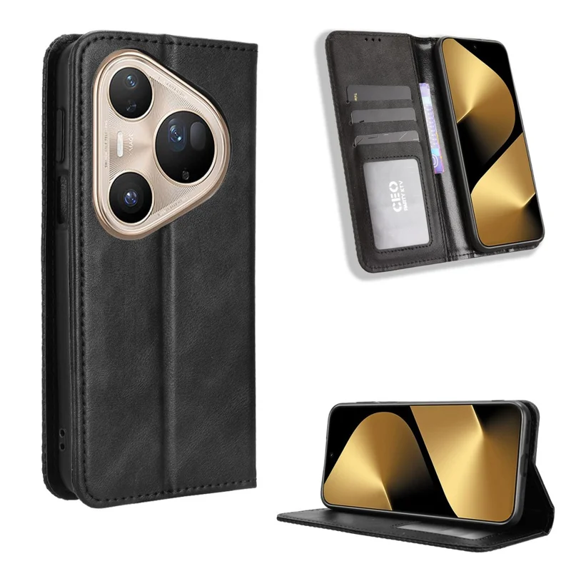 For Huawei Pura 80 Ultra Leather Case Wallet Stand Retro Texture Phone Cover - Black-Cellmalls