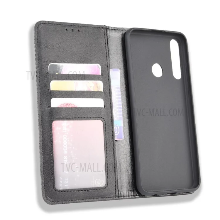 Auto-absorbed Vintage PU Leather Wallet Case Cover for Huawei Y6p - Black-Cellmalls
