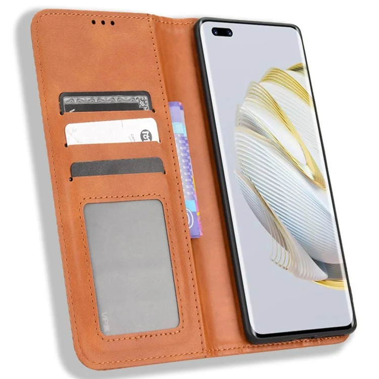 Retro PU Leather Anti-dust Wallet Case for Huawei nova 10 Pro 4G, Magnetic Stand Function Flip Auto Closing Phone Cover - Brown-Cellmalls