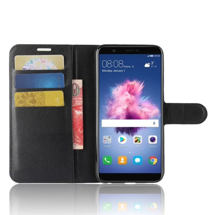 Litchi Skin PU Leather Wallet Stand Phone Shell for Huawei P Smart / Enjoy 7S - Black-Cellmalls